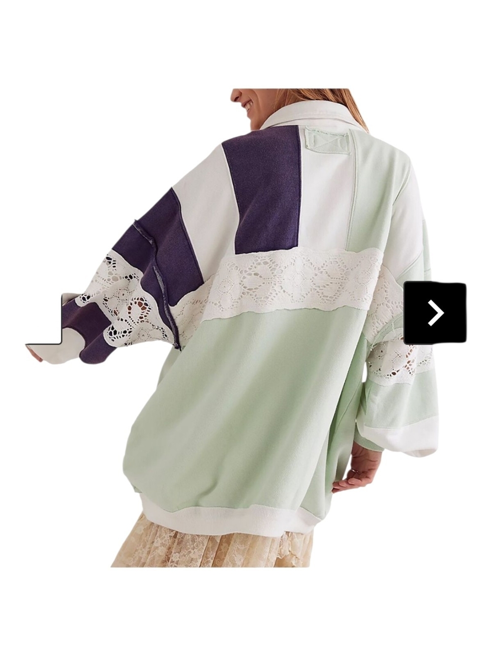 We The Free Lace-Trim Oversized Rugby Pullover in Mint, White & Purple - Picture 2 of 4